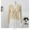 Cardigan de Punto Fino Color Sólido Estilo Coreano Cuello en V Manga Larga Adorno de Volantes Verano 2026 Nuevo Top Reductor de Edad de Fibra de Bambú y Lino