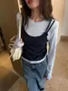 Chic y única camiseta azul de dos piezas de manga larga estilo coreano para mujer, perfecta para principios de otoño, un top deslumbrante y hermoso para llevar sola