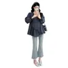 Camisa de Maternidad Nueva Primavera 2026 Cuadros Retro Azul Marino Irregular Suelta Estilo Babydoll Top de Maternidad