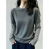 Camiseta de Manga Larga a Rayas Patchwork Falso Estilo Retro Americano para Mujer Otoño Versátil de Alta Gama Top Básico Reductor de Edad