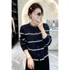 Suéter listrado de design exclusivo 2026 outono/inverno novo estilo cardigã jaqueta listrada color-block de manga longa com gola redonda