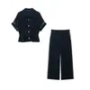 Moda Transfronteriza para Mujer 2026: Top de Manga Corta con Cuello y Ribete de Contraste, Cintura Elástica, Dobladillo Fruncido y Pantalones de Pierna Ancha con Cintura Elástica
