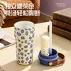 Copo térmico para chá e água com estampa de leopardo, para uso externo, com alça, copo para carro de beber diretamente com revestimento cerâmico e canudo, copo resistente ao gelo