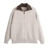 Cardigan suéter masculino com blocos de cor e lapela, jaqueta de tricô com zíper, peça de outer wear casual de tricô masculino em estilo "old money"
