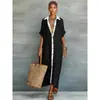 Vestido Longo Camisa Solto Color Block Moda Feminina Europeia e Americana 2026, Vestido Estiloso Casual Confortável Estilo Férias