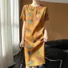 Vestido de Verano/Primavera 2026 Nuevo Estilo Chino de Satén con Cuello Redondo de Manga Corta para Mujer, Estampado, Abotonado, de Longitud Media