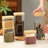 Frasco Rectangular de Vidrio para Snacks del Fabricante, Tarro de Almacenamiento de Comida de Cocina, Frutas Secas y Granos con Tapa de Bambú, Contenedor de Almacenamiento Sellado Transparente