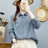 Camisa de manga larga de gasa de algodón de doble capa con estampado de pata de gallo para mujer, top vintage artístico bordado, suave, amigable con la piel, transpirable, de algodón puro