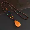 Collar de cuentas con amuleto de la paz estilo vintage con diseños de Bodhi y loto, accesorio de ropa de algodón y lino, collar largo con cuentas de ala de pollo