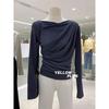 Camisa Básica de Alta Gama Elegante para Mujer, Diseño Plisado Off-the-Shoulder para Primavera y Otoño, Camiseta Versátil de Manga Larga Estilo Coreano