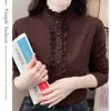 Elegante Camisa de Cuello Semi Alto, Elegante de Gama Alta, Dulce Camiseta Interior con Dobladillo de Orejas, Top Cálido de Manga Larga para Mujer