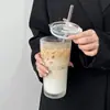 Copo de Vidro Transparente com Listras Verticais, Tampa e Canudo, Copo de Água de Grande Capacidade para Escritório, Copo para Suco, Copo de Café, Copo de Chá