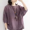 Tailândia tamanho grande solta tamanho grande casual camiseta feminina manga morcego bainha com cordão gola redonda meia manga imitação de algodão linho blusa top