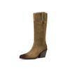 Botas de Caballero Retro Europeas y Americanas de Punta Fina con Tacón Grueso Alto Estilo Nuevo Otoño e Invierno 2025 Botas Vaqueras de Cuero Girado Color Caqui de Caña Alta para Mujer