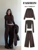 Conjunto Casual de Sudadera Color Café para Mujer, Nuevo Estilo Deportivo de Principios de Otoño, Atuendo Relajado Estilo Coreano para Figuras Pequeñas, Conjunto Completo