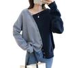 Suéter de Punto de Manga Larga con Diseño Irregular de Botones Oblicuos a Contraste para Mujer 2 023 Coreano Holgado Delgado Camiseta Base