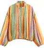 Chaqueta Bomber Larga de Manga Larga a Rayas con Cuello Alto Suelta Europea y Americana