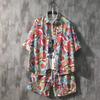 Camisa Hawaiana de Playa Shorts Moda de Verano Pareja Casual Estilo Japonés Frito Calle Manga Corta Holgado Traje Orilla del Mar Hombres