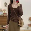 Camiseta casual de manga larga con cuello en U estilo coreano de rayón de 260 g para mujer, camiseta básica de color liso para otoño, ajuste ceñido, top para mujer