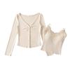 1548-Pure Desire Spice Girls Slim V-Neck T-Shirt com Peito Pad Top Feminino 2025 Lace Stitching Sling Conjunto de Duas Peças