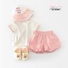 Traje Infantil Estilo Coreano de Verão com Letra Desenho de Coelho Suéter Gola Redonda Manga Curta Peça Dupla 52038