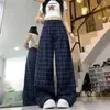 Pantalones casuales holgados de cuadros azules de cintura baja estilo retro americano para hombres y mujeres, estilo casual, pantalones de pierna ancha rectos adelgazantes de longitud de piso, modernos