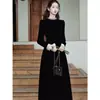 Vestido negro de terciopelo estilo Hepburn para mujer, vestido formal estilo francés otoño/invierno, poliéster, corte ajustado