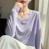 Camiseta básica de punto fina de manga larga con cuello en V para primavera y otoño, color gris, talla grande holgada, top adelgazante