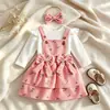 AliExpress Otoño/Invierno Nuevo Mono de Canalé de Color Sólido para Bebé y Niño Pequeño Vestido de Pana con Flores y Tirantes de Lazo Set de Diadema