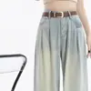 Design Sense Jeans de perna reta feminino estilo coreano High Street Slimming solto formato de pêra cintura alta perna larga calças compridas