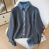 Suéter de Tricô Patchwork com Gola Jeans para Mulheres, Casaco Cardigan Engrossado, Design Outono e Inverno com Fechamento em Botão