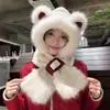 Conjunto fofo de chapéu com orelhas de urso e cachecol de inverno para mulheres, com forro de fleece e design espesso para aquecimento e proteção das orelhas.