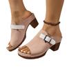 Primavera y Verano Nuevo Estilo Hebilla de Cinturón Tacón Grueso Europeo y Americano Zapatillas de Tacón Medio Sandalias Romanas de Punta Abierta para Mujer