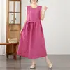 Vestido de Verano 2026 Algodón Lino Artístico Retro Sin Mangas Lunares para Mujer Cintura Ceñida Adelgazante Antiedad Pequeño Vestido Camiseta