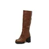 Botas de montaria de cor sólida tamanho grande 35-44 transfronteiriças, botas de couro de cano alto femininas para outono e inverno, bico redondo, sola grossa, salto quadrado antiderrapante