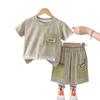 Ropa para bebés y niños 2025 verano nuevo niños color sólido bolsillo dobladillo letras bicolor niños cuello redondo conjunto de dos piezas
