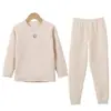 Roupa íntima térmica infantil para meninos e meninas, conjuntos de outono com blusa e calça, retalhos de cor sólida, roupa simples para casa, novo conjunto de gola redonda 2025
