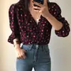 Camisa top de diseño retro coreano con forma de corazón, cuello en V pequeño, manga tres cuartos, corte holgado