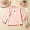 Atacado de blusas femininas de fleece forrado com blocos de cor e acabamento franzido, gola alta e camisetas de manga comprida com desenho para vestuário infantil