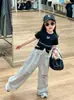Ropa Infantil Estilo Coreano Verano 2026 Camiseta Corta para Niñas Estilo Americano con Ajuste en la Cintura, Pantalones Deportivos Rectos Dulces Frescos Retro Desgastados