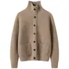Nuevo cárdigan de punto de cachemira para otoño e invierno, color liso de moda, manga larga, cálido, holgado, cuello alto, de un solo botón, elegante para mujer