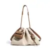 Bolsa de Mão Casual de Grande Capacidade, Nova Bolsa Nuvem com Cordão de Linho e Couro Bovino de Primeira Camada, Bolsa Transversal Feminina da Moda