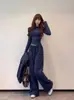 Conjunto de otoño para mujer 2026 nuevo casual deportivo sudadera azul marino y pantalones estilo coreano conjunto completo para principios de otoño