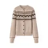 Atmosfera FestivaCardigã de Tricô Vintage Fair Isle 100% Lã com Gola Redonda para Mulheres, Casaco Grosso Quente de Inverno