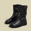 Botines Cortos Estilo Coreano para Mujer Tacón Grueso Punta Redonda Otoño Invierno Botines de Tacón Grueso Suela Plana 2026 Retro Arrugados Dr. Botas de Motocicleta Versátiles Estilo Martens