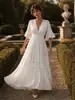 2026 Nuevo Comercio Electrónico Transfronterizo Vestido Largo Blanco de Cuello en V Estilo Retro Francés Vestido Elegante Estilo Corte para Mujer