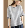 En stock Camiseta de cáñamo teñido en hilo a rayas de manga media Vintage para mujer, suelta artística, jersey informal de manga corta, todo combina