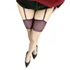 Medias de una pieza con tirantes, colorblock sexy, ribete de encaje morado, malla calada, color piel, calcetines largos hasta la rodilla para mujer