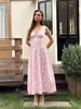 Vestido de tirantes floral con cuello en V europeo y americano, ribete de encaje, cordón en la espalda para atar la cintura, ceñido a la cintura, línea A, longitud de vestido falso