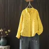 Blusa de algodão estampado japonês para primavera 2025, gola pequena, manga comprida, atacado